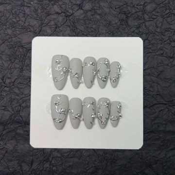 Qfdian 10 Pcs Handmade Press On Nails Long Almond Gray Matte Luxury Pearl Decor Wearable Artificial Full Cover Fake Nails y2k